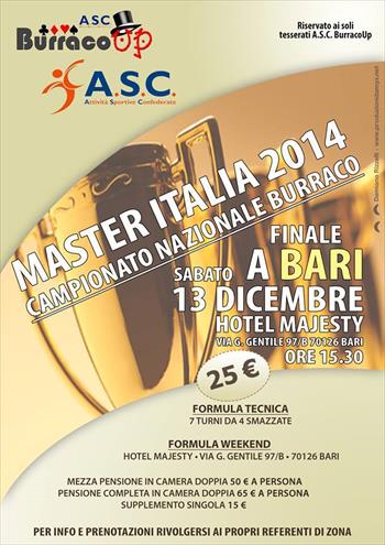 Campionato Nazionale  master Italia 2014 - finale - sabato 13 Dicembre 2014 - Ore 15,30 hotel Majesty  via Giovanni Gentile, 97/b - Bari